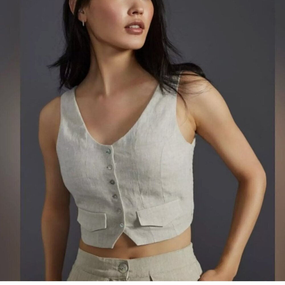 Sovere Women's Size XS The Instance Cropped Linen Blazer Vest in Natural Cream